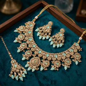 Gold Plated Alloy Fancy Collection Geometric <b>Pearl</b> Kundan High Quality Latest Designed Wedding <b>Necklace</b> and Earring <b>Set</b> Jewelry - Product Image 3