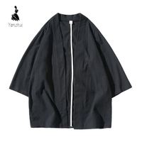 Jaket Kimono Pria M-5XL, Cardigan Ringan Kasual Campuran Katun Linen Lengan Tujuh, Mantel Terbuka Depan, Pakaian Luar