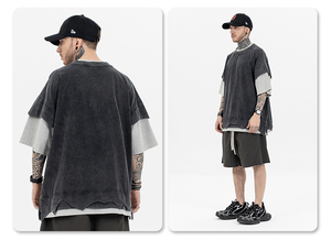 MT2636 Custom Streetwear <b>Patchwork</b> Double Layer 300 Gsm Vintage Oversized TShirt Men Washed Black T <b>Shirts</b> - Product Image 5