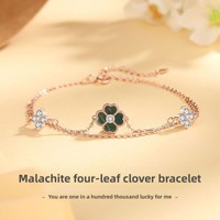 Bracelet à maillons pour femme en or rose plaqué S925 avec malachite et trèfle à quatre feuilles, luxe et haute couture