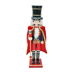 Artigianato di natale in legno 38cm mantello rosso cappello nero corpo blu scettro schiaccianoci decorazioni soldato nani dipinto statuette giocattolo