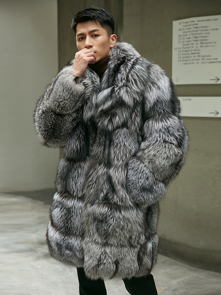 Men's 7XL Warm & Windproof Silver Fox Fur Coat - Luxury Plus Size