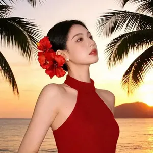 YJL 2 Pezzi Fermagli per Capelli a Forma di Fiore di Ibisco, Fatti a Mano, Artificiali, in Tessuto Hawaiano, <span class=keywords><strong>Accessori</strong></span> per Capelli per Feste in Spiaggia - Product Image 6