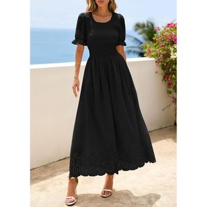 Vestido Maxi de Mujer con Ojales y Fruncido, Cuello Redondo, Manga Abullonada, Estilo Bohemio, para Fiesta, Fluido, de Verano, con Bolsillos, Tejido Transpirable - Product Image 2