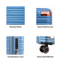 Valise de voyage rigide en ABS bleu avec protection d'angle or rose, texture à nervures horizontales, bagage à main, vente en gros OEM