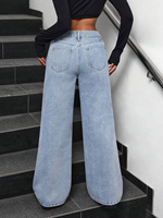 Jean large taille haute en denim bleu clair et rose brodé avec nœuds, coupe ample et décontractée, décoré de mini-nœuds sur toute la surface pour femme