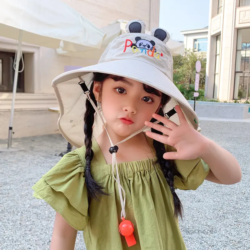 2023 personalizado Panda patrón dibujos animados alta calidad lindo parasol sombrero para niños niñas ala grande niños Uv cuello protección sombreros