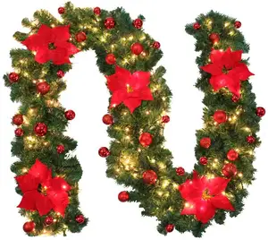 ขายส่งต้นคริสต์มาสตกแต่งลูกบอลสีแดงดอกไม้ผ้าประดิษฐ์มาลัยคริสต์มาสพร้อมไฟ Led