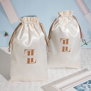 Custom Logo Printed Crean Satin Hair Extension Wig Bundle Gift Packing <b>Bag</b> Soft Dustproof Silk Satin Pouch <b>Dust</b> Drawstring <b>Bag</b> - Product Image 1