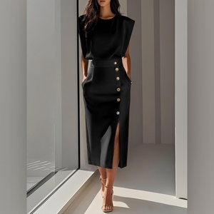 Robes pour femmes, couleur unie, col rond, taille cintrée, ourlet fendu, boutons métalliques, mode - Product Image 4