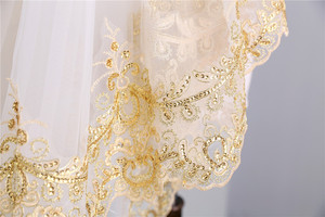 ROMANTIQUE <span class=keywords><strong>Or</strong></span> Femmes Mariée Dentelle Appliques Longue Cathédrale Deux Couches Voile De Mariage - Product Image 5
