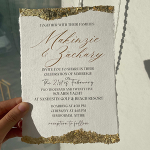 <span class=keywords><strong>Carte</strong></span> Invitation Mariage Personnalisé Cartes d'invitation de mariage Feuille d'or typographie Fait à la main Bordure en coton Invitations en papier - Product Image 1