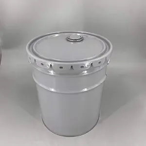 Barril redondo de lata de color gris vacío de 5 galones con tapa de lengüeta de flor de pico y mango de lata
