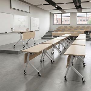 Modern Flip Top Training <b>Desk</b> MDF & Cold-rolled Steel Tube Light Wood Color <b>Foldable</b> Movable Caster for School Office Use XK-003 - Product Image 2