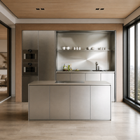 Îlot de cuisine et salle à manger intégrés en acier inoxydable de luxe moderne, mobilier sur mesure pour toute la maison, idéal pour les petits projets hôteliers et résidentiels