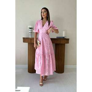 Vestido rosa con corte en A, bordado, con cuello en V y cintura natural para uso diario - Product Image 5