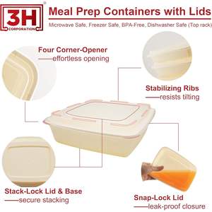 กล่องเตรียมอาหาร 3H ขนาด 48 ออนซ์ แพ็ค 100 ชิ้น, กล่องใส่อาหารแบบสี่เหลี่ยมพร้อมฝาปิด 200 ชิ้น, ปลอดสาร BPA, ใช้กับไมโครเวฟ/เครื่องล้างจาน/ช่องแช่แข็งได้ - Product Image 3