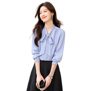 Women's Blue Chiffon Shirt With Bow Office Wear Long Sleeve Solid Color Elegant Blouse For Work - Product Image 5