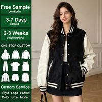 Veste universitaire pour femme en daim noir avec manches en cuir blanc, bordure côtelée, boutons-pression, style décontracté rétro, streetwear, imperméable, avec logo