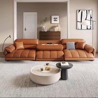 Canapé inclinable électrique 3 places en cuir véritable marron camel avec console, porte-gobelets et support téléphone pour salon