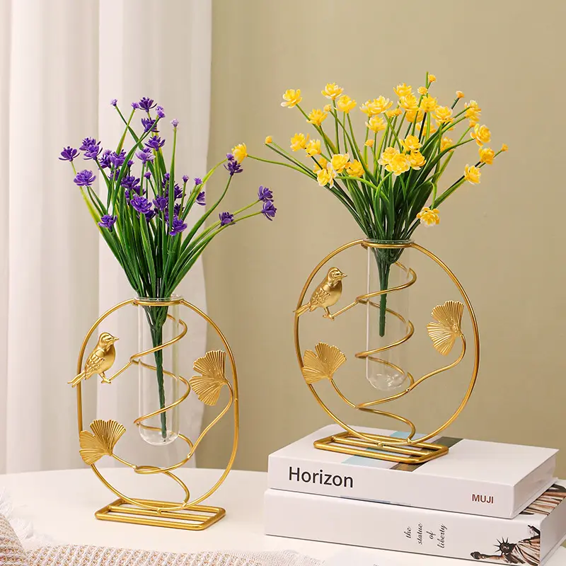 Lüks cam çiçek vazo için metal çerçeve ile ev ofis dekorasyonu
