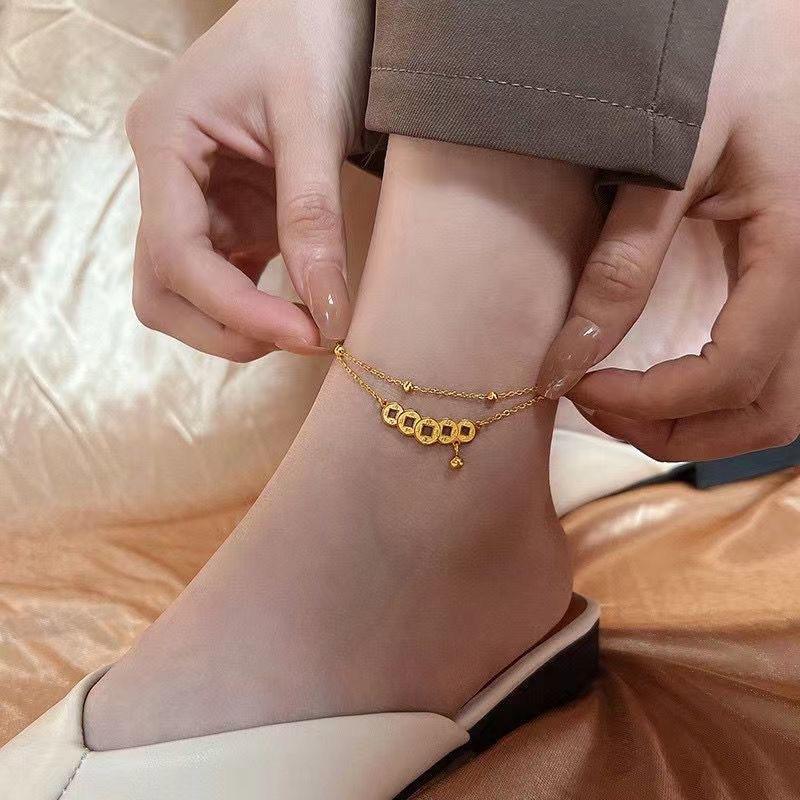 Boho Style Titanium Steel Gold Anklets with Chinese Copper Coin