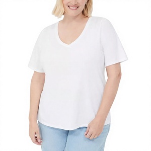 เสื้อยืดผู้หญิงไซส์ใหญ่ คอวี ผ้าฝ้าย 100% สีพื้นเรียบ OEM เป็นมิตรกับสิ่งแวดล้อม ระบายอากาศได้ดี กันยับ แห้งเร็ว สไตล์ลำลองแนวสตรีท - Product Image 5