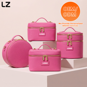 กระเป๋าเครื่องสำอางแบบสองชั้น LZ OEM กระเป๋าใส่เครื่องสำอางสำหรับเดินทาง ป้องกันคราบ หนัง PU สีชมพู สำหรับผู้หญิง - Product Image 2
