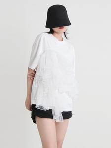 Haut Streetwear d'été pour femmes nouveau t-<span class=keywords><strong>shirt</strong></span> à manches courtes <span class=keywords><strong>de</strong></span> couleur unie avec patchwork polyvalent à volants bord maille coupe ample - Product Image 4