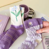 Nouvelle Arrivée 2026 Chaussettes mi-mollet pour femme à motif floral tulipe violette, en mélange de coton respirant, avec bordure en dentelle, personnalisables, taille unique, pour usage quotidien, à bordure élastique, séchage rapide