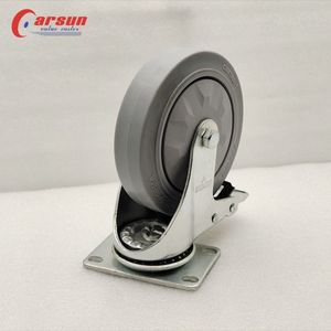 Roue pivotante industrielle 5 pouces grise en TPR avec frein en acier, support OEM, roulement à billes sans entretien, protections filetées - Product Image 5