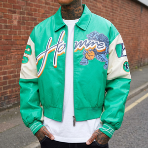 Chaqueta Bomber Gruesa Impermeable Ecológica de Lana/Viscosa Verde para Hombre, Estilo Urbano con Estampado de Personajes, Cuello Camisero y Cierre de Cremallera Frontal - Product Image 3