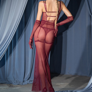 BOON Exportation Europe-Amérique 2026 Ensemble cinq pièces <span class=keywords><strong>sexy</strong></span> pour femme, style 'Hot <span class=keywords><strong>Girl</strong></span>', avec foulard en résille, dos ouvert, patchwork, semi-transparent, effet gainant, style robe mi-longue - Product Image 3