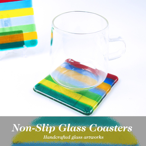 Coasters for Drinks Handmade Glass 4 Inch <b>Square</b> Dual Tone Color Striped Design Non-Slip for Coffee <b>Table</b> Home <b>Bar</b> Décor Gift - Product Image 3