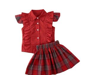 Conjuntos de Ropa para Niños Estilo Británico, Trajes de Algodón a Cuadros para Niñas con Diseño de Volantes, Venta al Por Mayor - Product Image 1