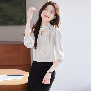 French Style Satin Bow Neck Lantern Sleeve Long Sleeve Shirt For Women Spring Autumn 2025 Korean Sweet Elegant Chiffon Blouse - Product Image 2