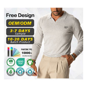 Suéter con Certificación GRS, Fabricante de Suéteres, Logotipo Personalizado, Suéter Polo de Punto Casual Gris Claro para Hombre, de Viscosa y Poliéster, con Ribetes - Product Image 1