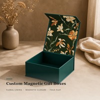 Boîte cadeau rigide avec impression personnalisée pour parfum, doublure florale, imprimé botanique, intérieur vert sarcelle foncé, fermeture magnétique