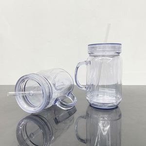 20oz <b>Double</b> <b>Walled</b> Blank Clear Snow Globe Glitter Plastic Mason Jar Acrylic <b>Mugs</b> Cups With Handle Pre Drilled Hole - Product Image 4