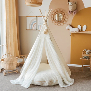 Tente de jeu <span class=keywords><strong>pour</strong></span> enfants en toile de coton naturelle, pliable, <span class=keywords><strong>pour</strong></span> intérieur, <span class=keywords><strong>tipi</strong></span> avec rideau transparent beige - Product Image 1