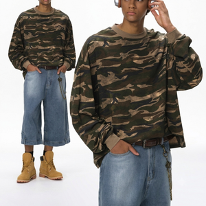 Custom Camo Oversized Sweatshirt Unisex Crewneck Camouflage Pullover 8014 Vintage Streetwear Heavyweight Long Sleeve Top - Product Image 1