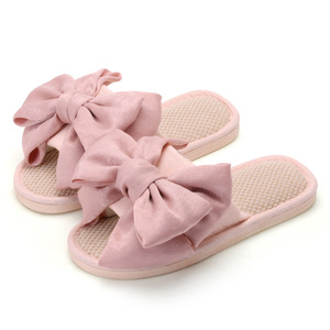 Wholesale New Fashionable Silk Bow Cotton Linen <b>slippers</b> Indoor and Outdoor Wear pink Plush <b>Slipper</b> - Product Image 1