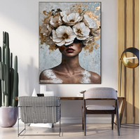 Peinture florale contemporaine sur porcelaine cristalline pour femme, affiche de luxe léger avec accents dorés, art mural texturé pour chambre à coucher et hall d'hôtel