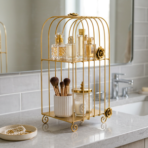 SAFA International Cage à oiseaux moderne en acier inoxydable avec accents roses, écologique et durable, décoration de table pour salon - Product Image 1