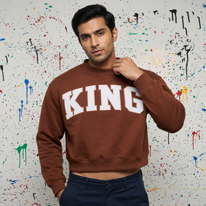 Sweat-shirt à col montant KINGS marron 100% coton avec broderie appliquée blanche, col large, fils fins - Product Image 1