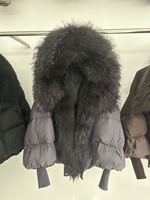 OFTBUY Veste d'hiver chaude pour femme, grande taille, avec capuche amovible en vraie fourrure de raton laveur et renard, 50% duvet, fermeture éclair, style streetwear, douce