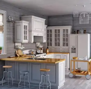 Tasarım katı ahşap U şekli mutfak dolabı granit tezgah üstü tamamlanmış mutfak dolabı seti çin'de en çok satan