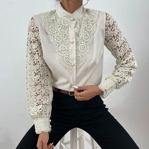 Blusa elegante para Mujer, camisa blanca de encaje, Panel hueco, camisas sólidas de manga larga, Tops de oficina para Mujer, Blusas Elegantes y juveniles - Product Image 4