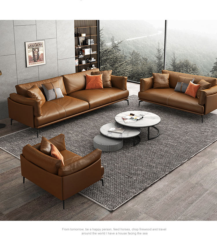シンプルなスタイルの無垢材フレームレザーソファオフィス家具Mingmeng