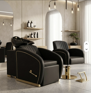 Sillón de peluquería reclinable ergonómico personalizable, sillón de barbero hidráulico, lujoso estilo moderno de salón en cuero PU negro y dorado - Product Image 6